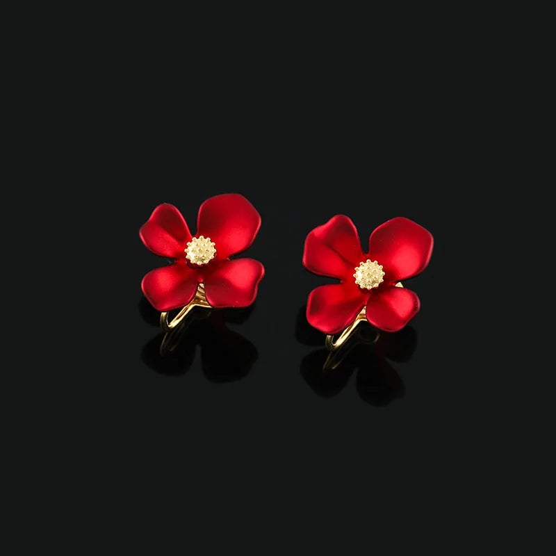 Vintage Red Enamel Flower Stud & Clip On No Piercing Alloy Gold Tone Sweet Floral Earrings