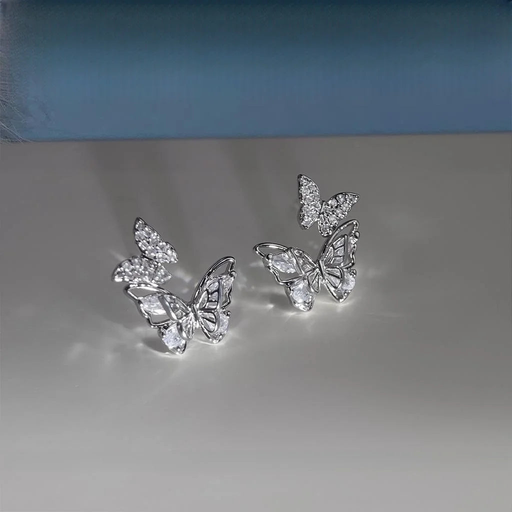 Copper Micro Pave Zircon Double Butterfly Stud Earrings Sweet Minimalist Silver Plated Pin