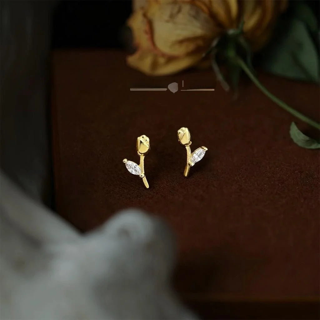 14K Gold Plated Copper Tulip Zircon Stud Earrings Minimalist Floral Style Jewelry