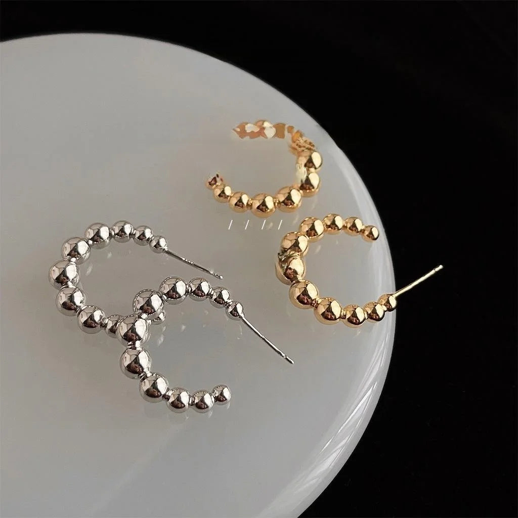 European Style Copper Geometric Hoop Drop Earrings With Gold Bead Ring Design