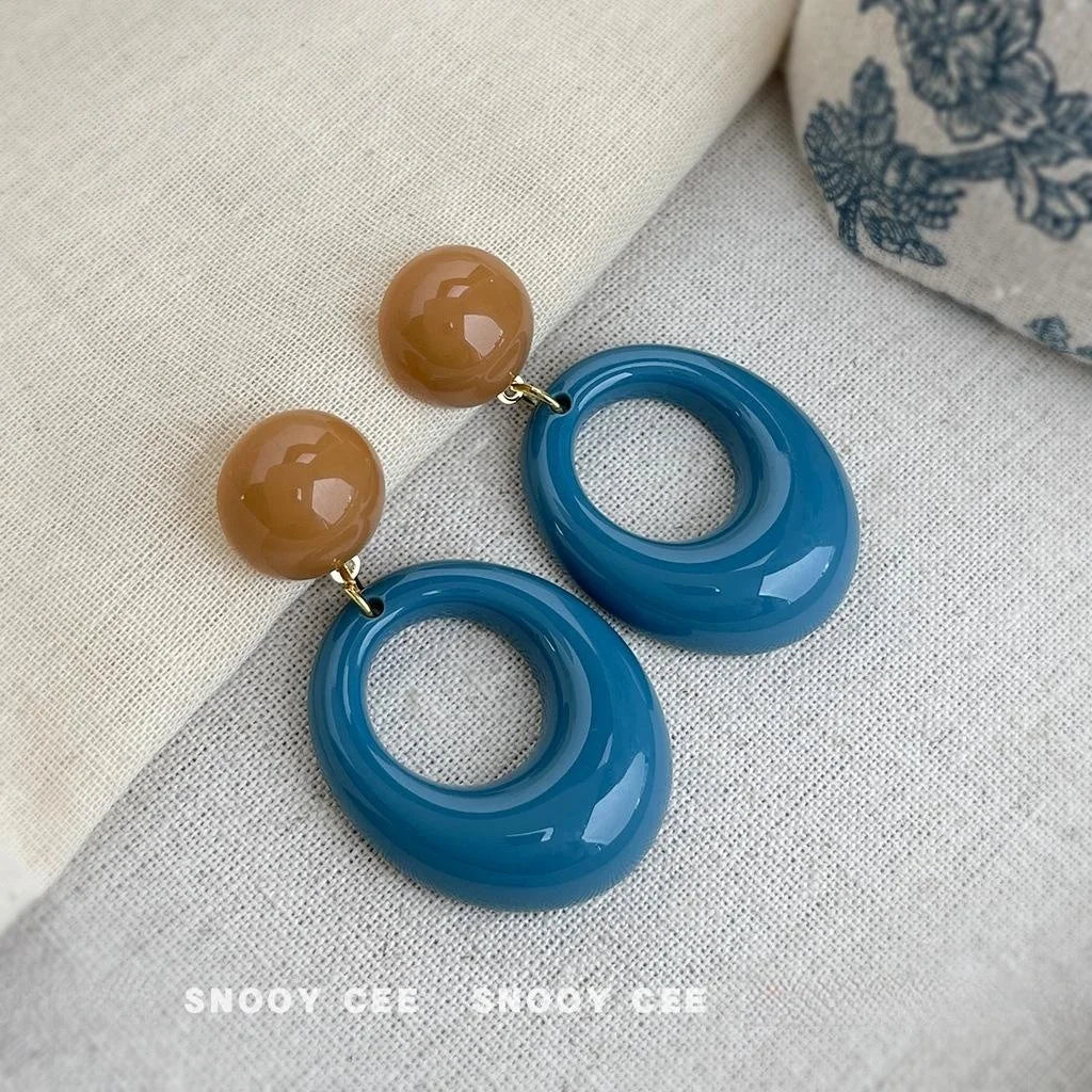 Vintage Hong Kong Style Haze Blue Geometric Resin Drop Earrings With Copper