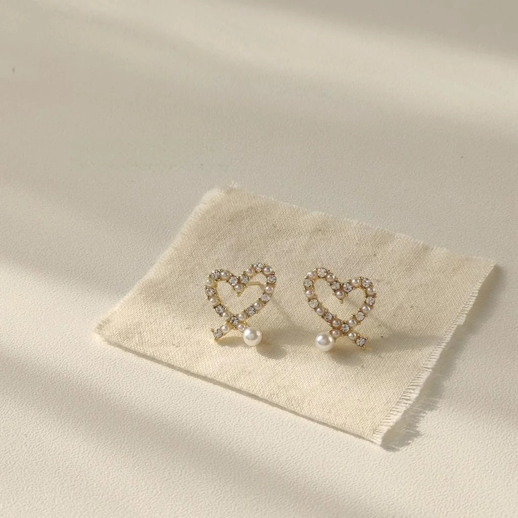 Korean Style 14K Gold Plated Heart Pearl Rhinestone Drop Earrings