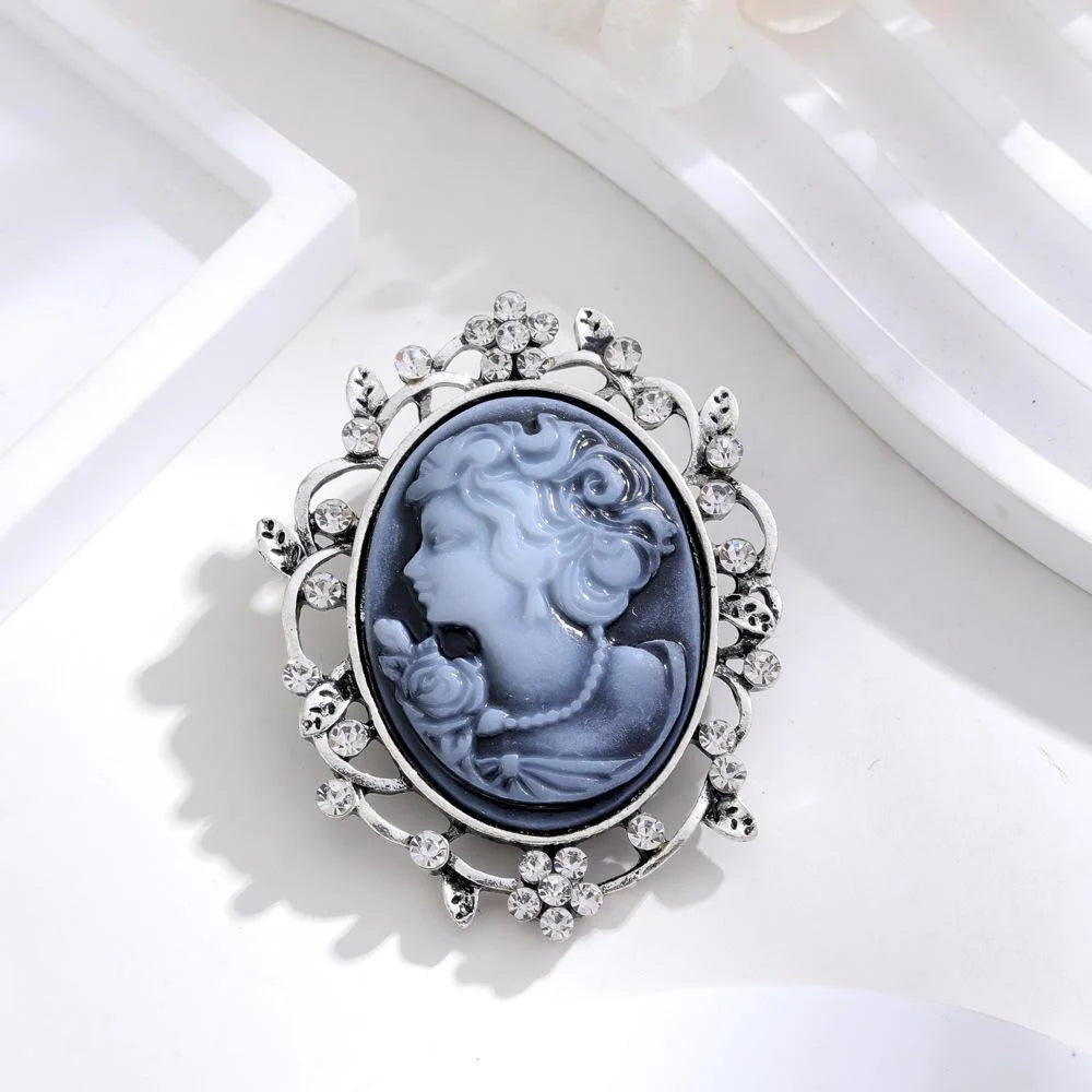 Vintage Lady Cameo Brooch With Rhinestone Alloy Frame, Elegant European Lapel Pin Suit Accessory Gift