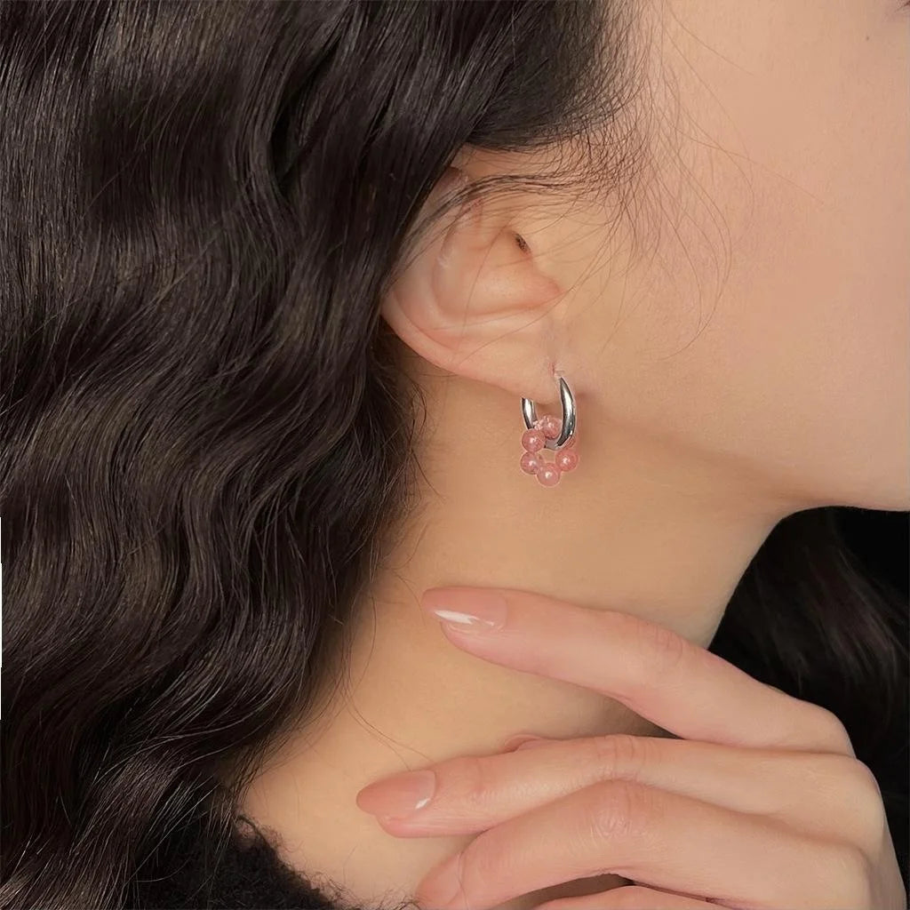 Handmade Strawberry Quartz Chalcedony Geometric Round Drop Earrings Niche Designer Style