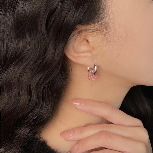 Handmade Strawberry Quartz Chalcedony Geometric Round Drop Earrings Niche Designer Style