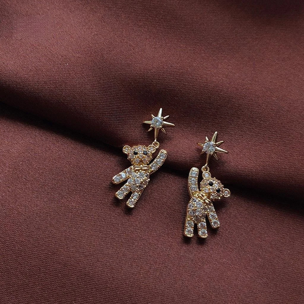 14K Gold Plated Copper Micro Pave Zircon Bear Stud Earrings For Women Luxury Minimalist Jewelry