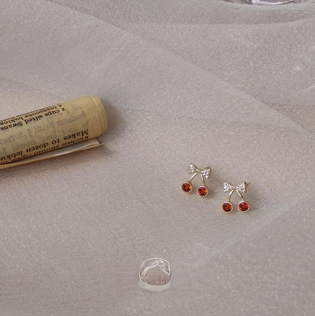 14K Gold Plated Copper Mini Cherry Stud Earrings With Micro Pave Zircon Simple Korean Style