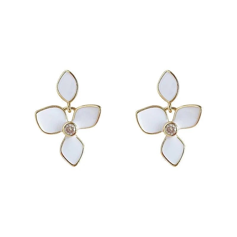 Elegant French White Iris Flower Enamel Zircon Copper Stud Earrings With Silver Plated Pins