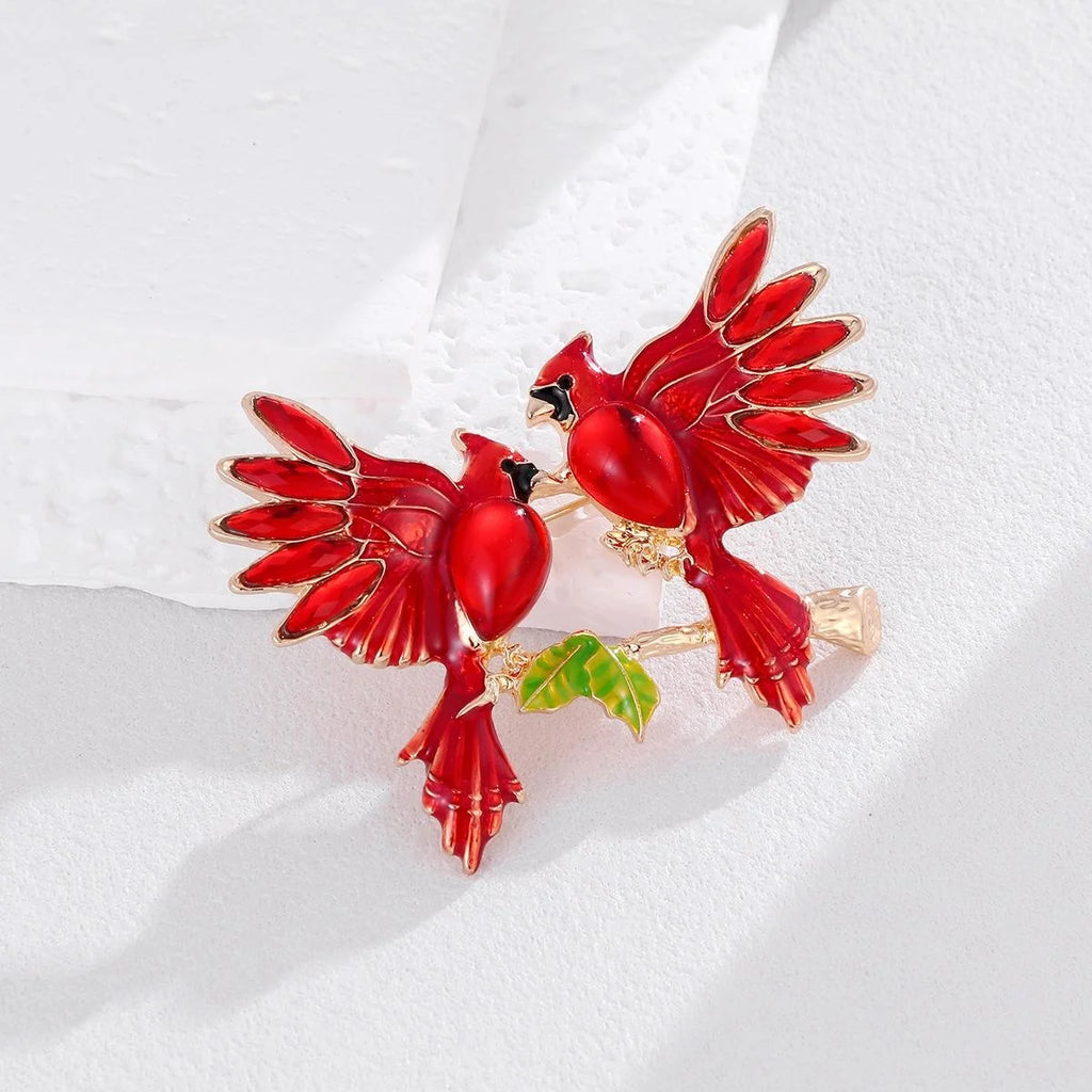 Elegant Red Enamel Double Bird Rhinestone Brooch, Copper Animal Lapel Pin Corsage Suit Accessory Gift