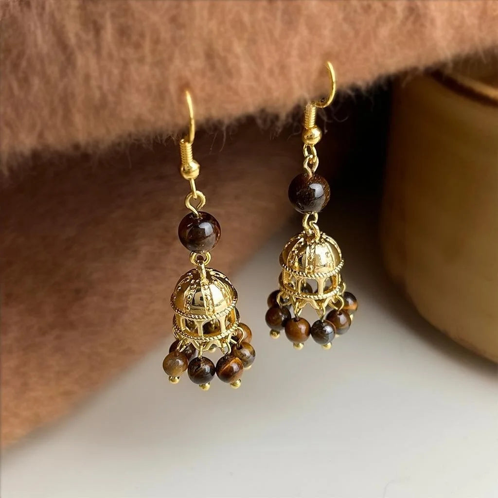 Vintage Handmade Copper Tiger Eye Birdcage Drop Earrings Maillard Geometric Designer Jewelry