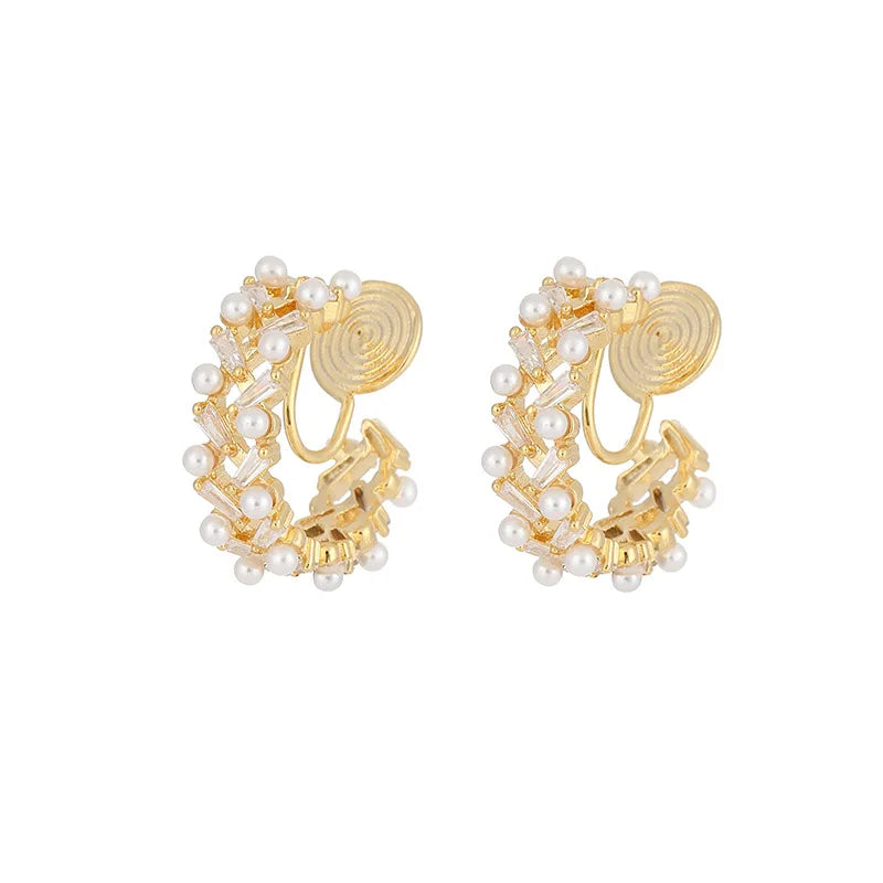 Luxury Gold Tone Spiral Hoop Pearl Zircon Alloy Stud & Clip On No Piercing Commuter Earrings