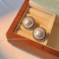 Vintage Hong Kong Style Silver Plated Copper Round Big Pearl Stud Earrings