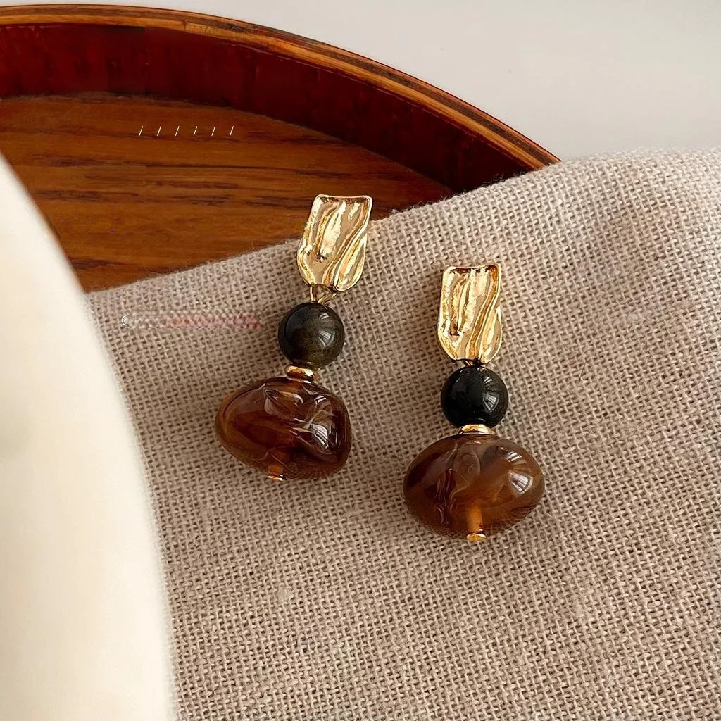 Vintage Maillard Style Obsidian Resin Irregular Geometric Handmade Drop Earrings