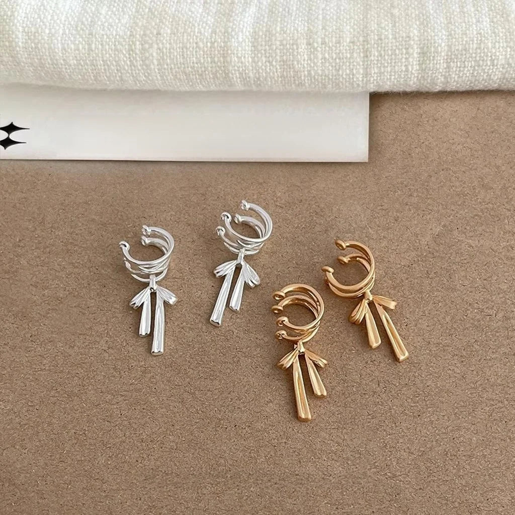 Designer Copper Bow Clip On Drop Earrings, No Piercing Style Ear Cuff Jewelry For Women