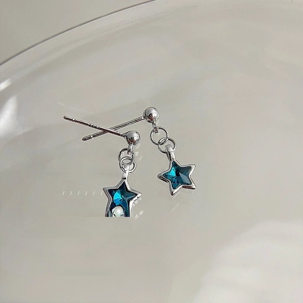 Cute Mini Blue Glass Crystal Five Point Star Copper Stud Earrings With Silver Plated Pins