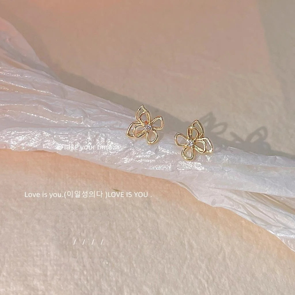 Mini Zircon 14K Plated Copper Hollow Butterfly Stud Earrings Simple Fresh Daily Jewelry