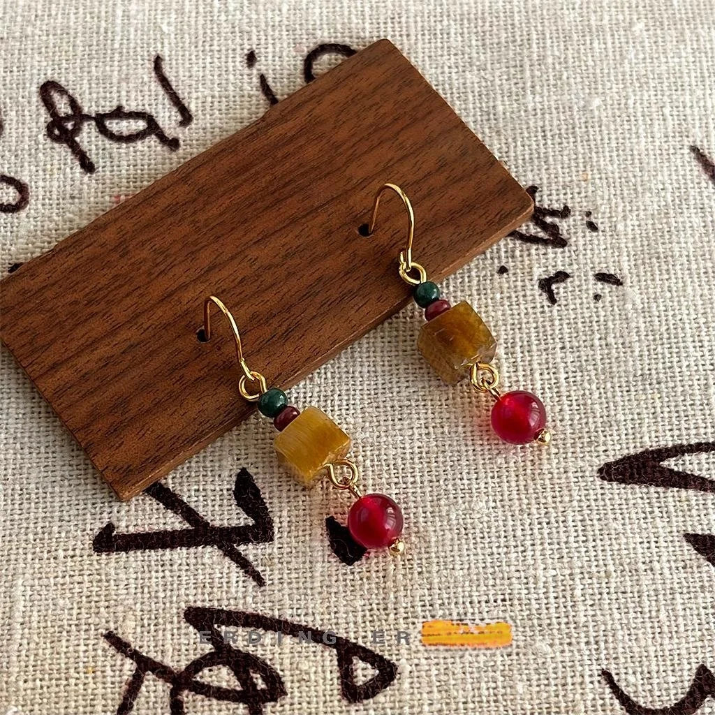 Handmade Natural Stone Tiger Eye Red Agate Geometric Vintage Ethnic Drop Earrings