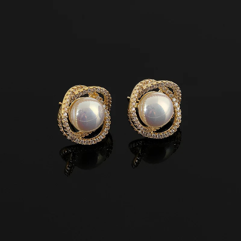 Luxury Mabe Pearl Zircon Swirl Square Stud & Clip On No Piercing Elegant Women's Gift Earrings