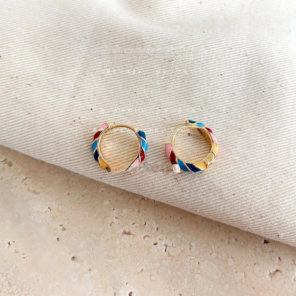 Sweet Minimalist Colorful Enamel Round Geometric Copper Stud Earrings For Daily Wear