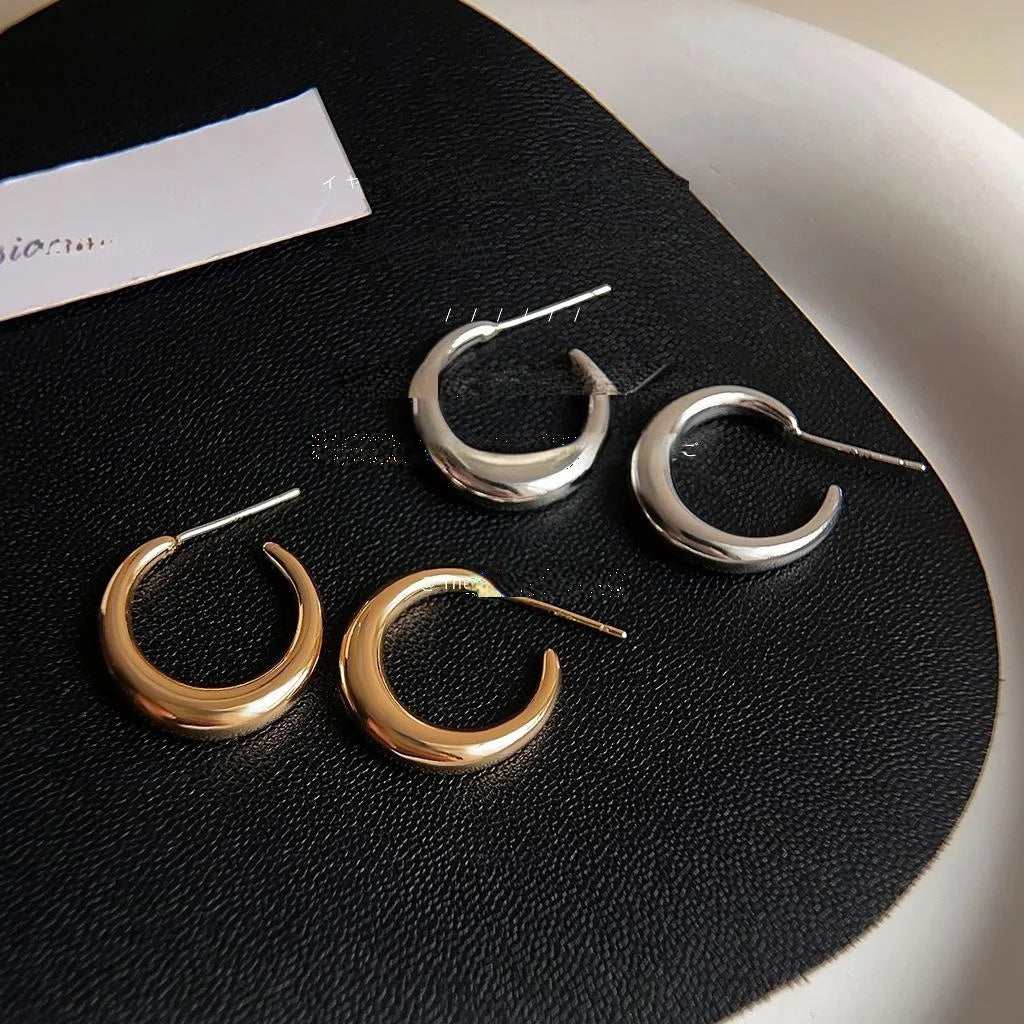 14K Gold Plated Copper Smooth Round Hoop Drop Earrings Minimalist Geometric Light Luxury Jewelry