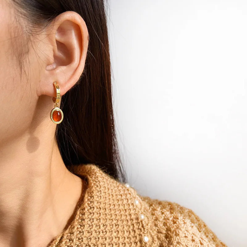 Elegant Orange Resin Oval Pendant C Hoop Alloy Stud & Clip On No Piercing New Chinese Style Earrings