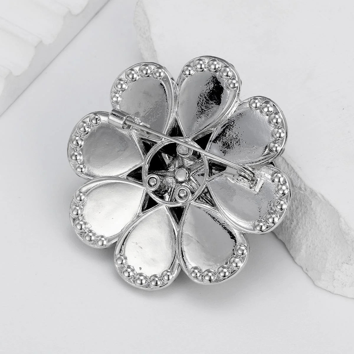 Elegant Black Flower Rhinestone Alloy Brooch, Sparkling Petal Lapel Pin Corsage For Women's Suit Accessory