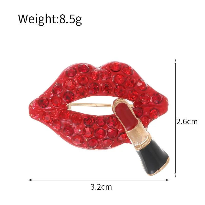 Elegant Red Lips And Lipstick Rhinestone Enamel Brooch, Creative Fashion Lapel Pin Suit Accessory Gift