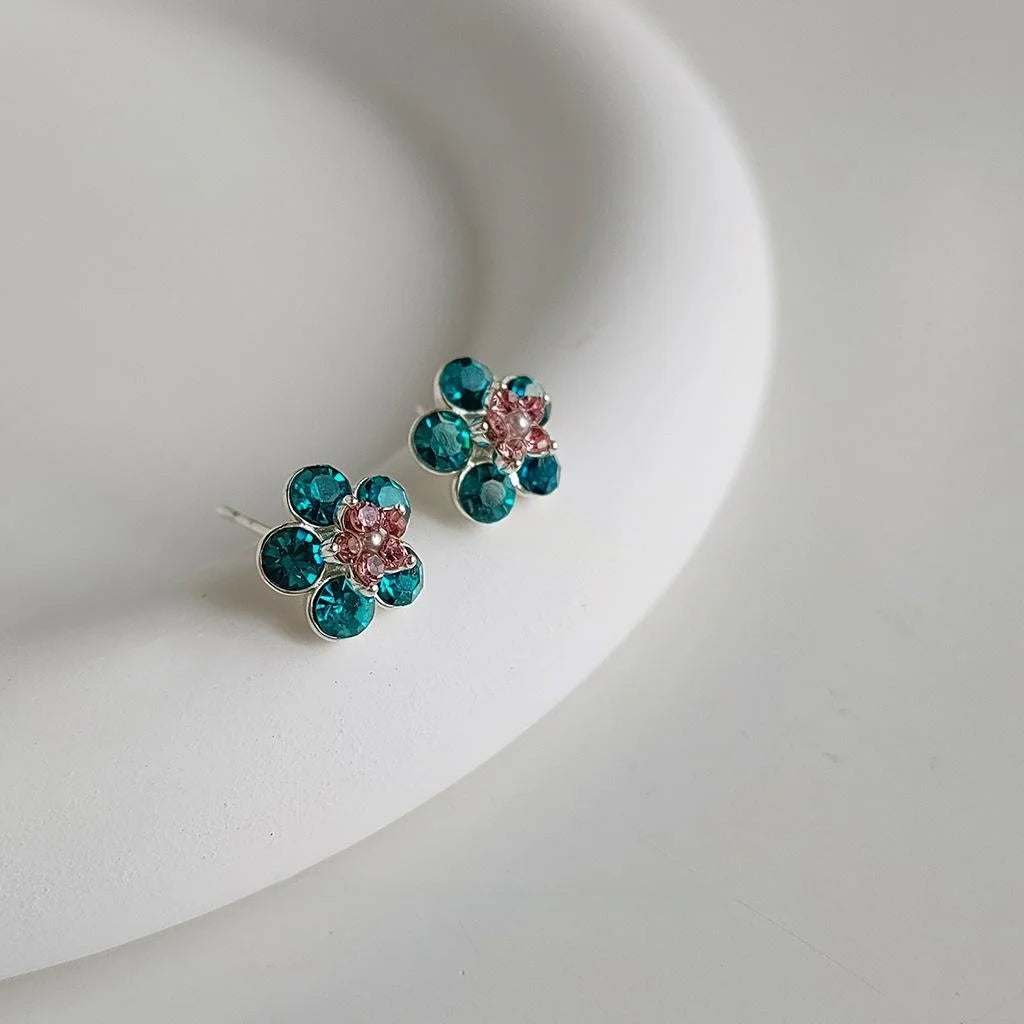 Peacock Blue Rhinestone Flower Stud Earrings Copper Pearl Silver Plated Pin Light Luxury Vintage