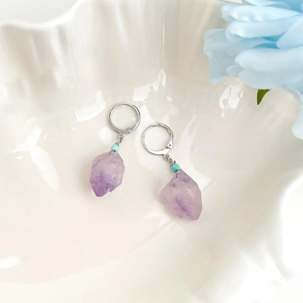 Handmade Natural Amethyst Drop Earrings Elegant Lavender Purple Irregular Geometric Jewelry