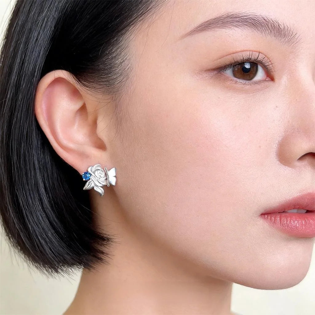 Copper Zircon Matte Butterfly Rose Flower New Chinese Style Stud Earrings