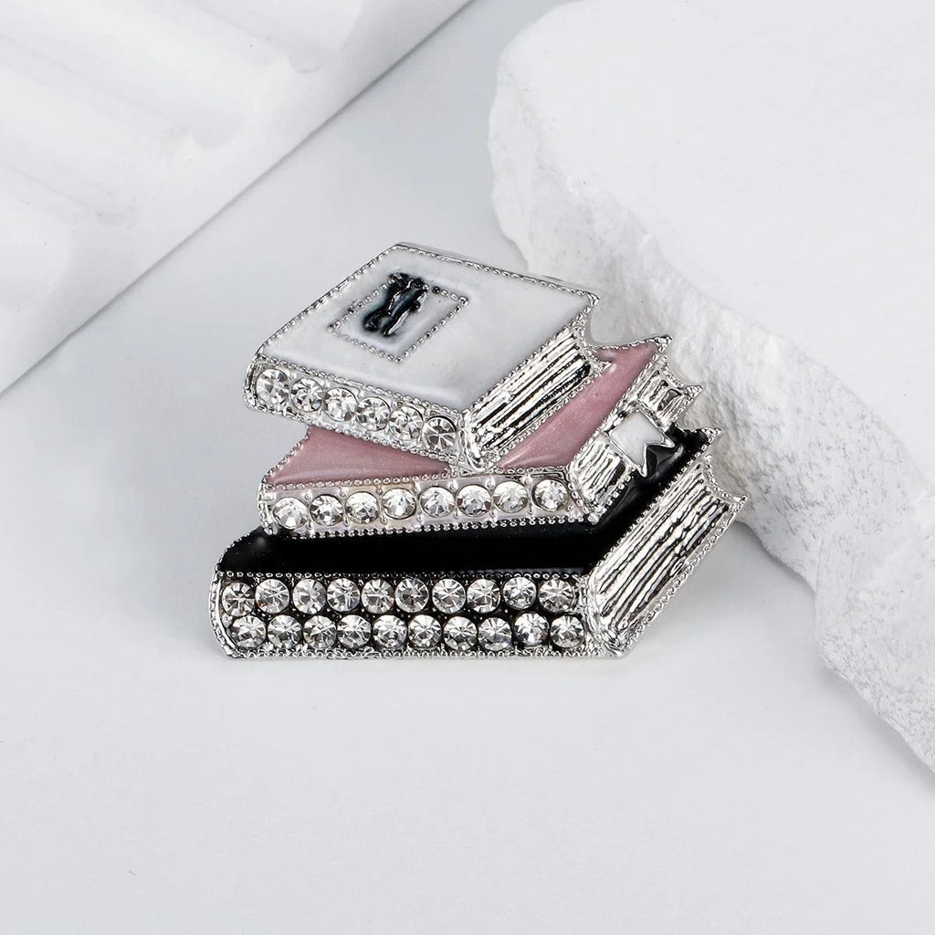 Luxury Rhinestone Three Books Brooch Pin With Enamel Pages, Creative Lapel Corsage Suit Accessory Gift