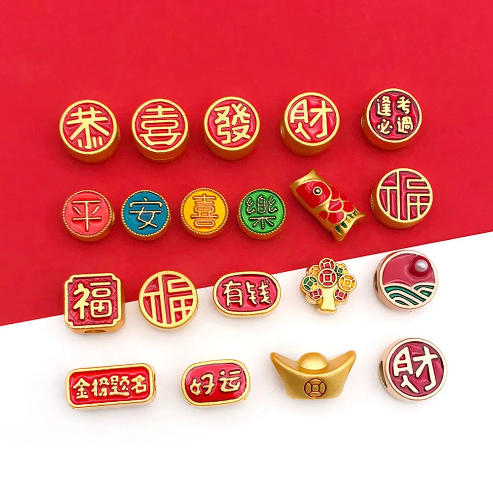 Zinc Alloy Fu Character Lucky New Year Large Hole Spacer Beads for DIY Bracelet Necklace