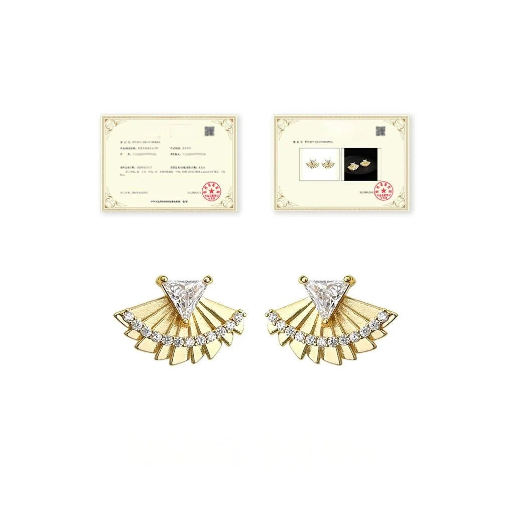 Designer Chinese Trend Fan Leaf Geometric Zircon Eco-Friendly Copper Stud Earrings With Silver Plated Pins