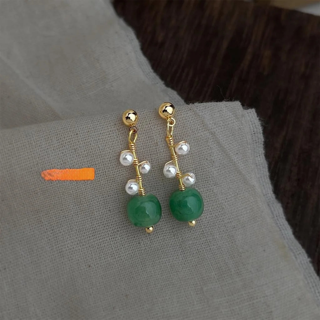 New Chinese Handmade Copper Stud Earrings With Green Jade Pearl Waterdrop Wire Wrapped Geometric Design
