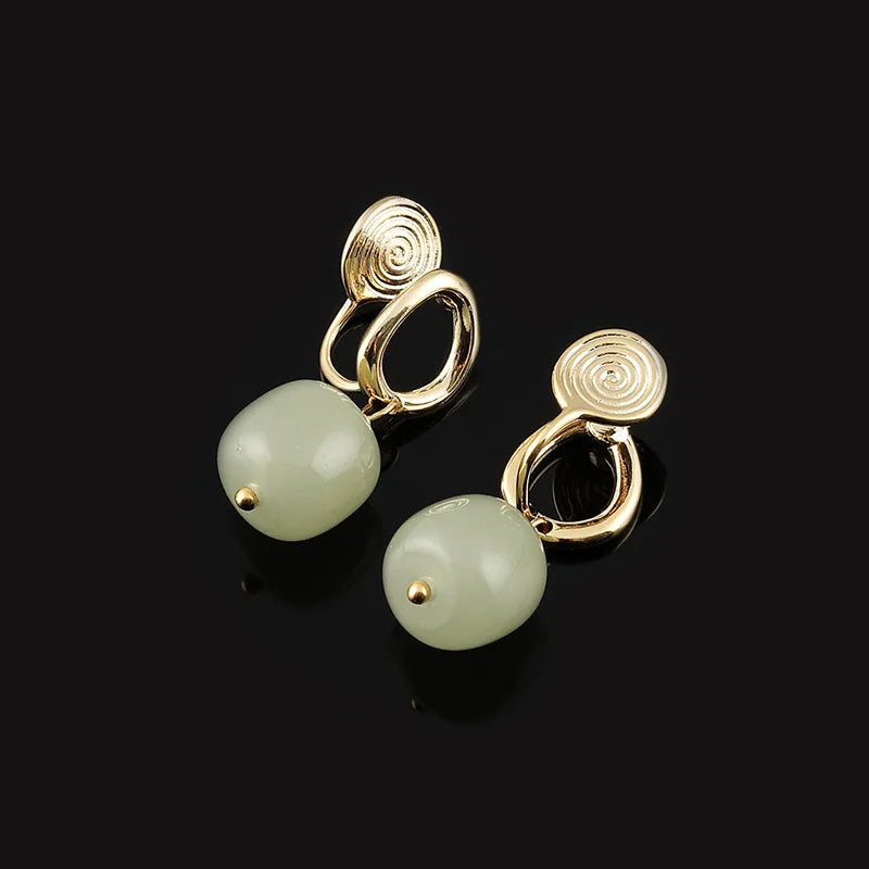 Vintage Chinese Style Green Agate Bead Spiral Alloy Stud & Clip On No Piercing Dangle Earrings