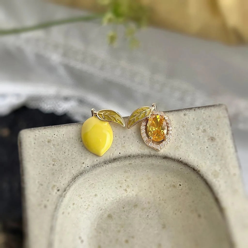 Summer Lemon Asymmetric Stud Earrings With Silver-Plated Pins, Micro Pave Zircon And Hand-Enamel Fruit Design