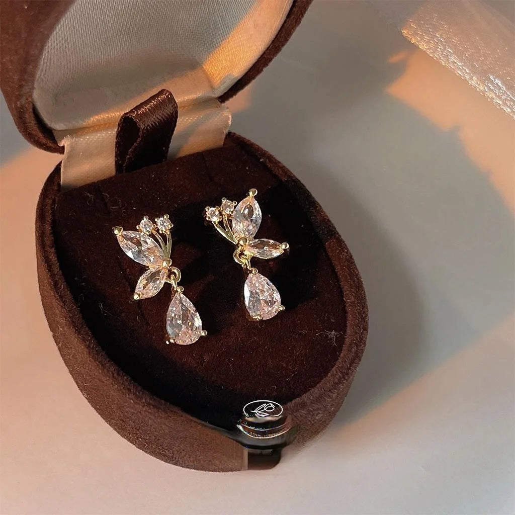 14K Gold Plated Copper Micro Pave Zircon Butterfly Stud Earrings Korean Minimalist Jewelry