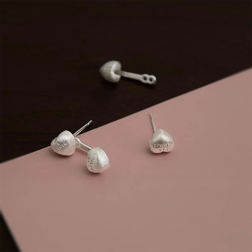 Brushed Mini Heart Stud Earrings Copper Geometric Line Sweet Minimalist Design