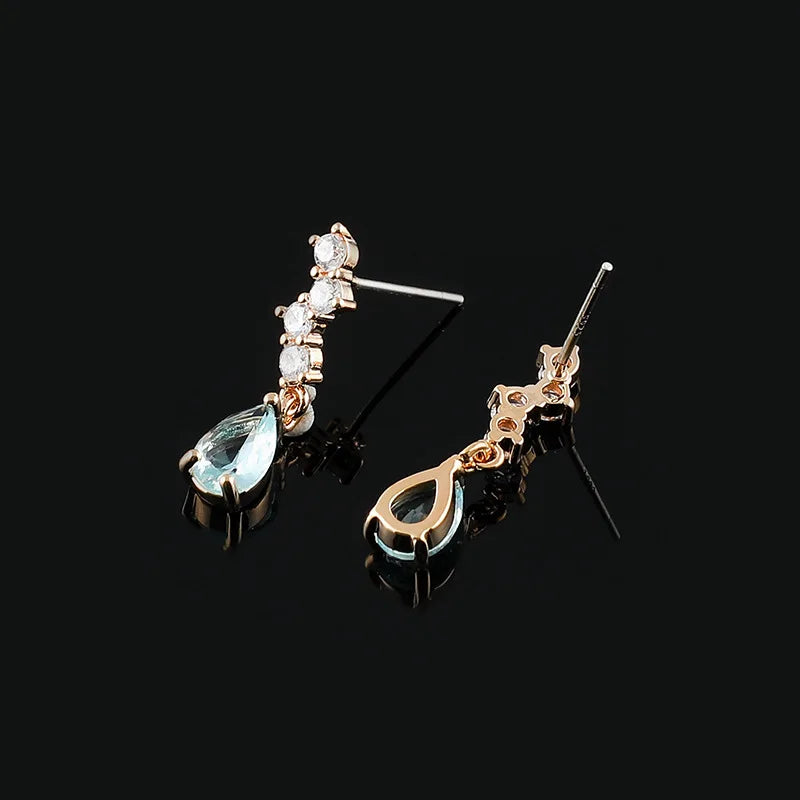 Elegant Blue Teardrop Zircon Gold Tone Alloy Spiral Stud & Clip On No Piercing Dangle Earrings