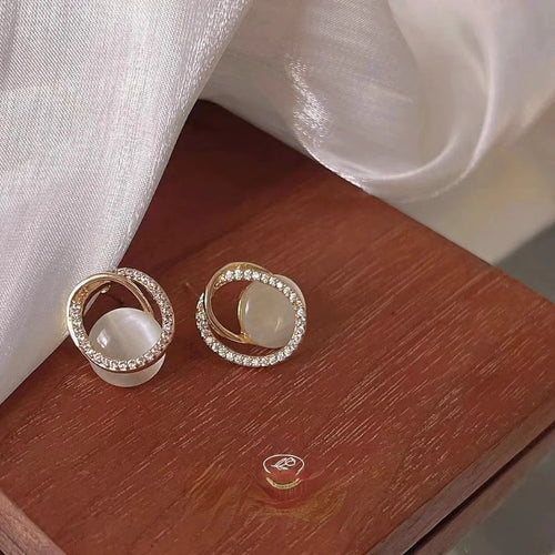 French Luxury Oval White Glass Cat Eye Stone Stud Earrings With Micro Pave Zircon Copper
