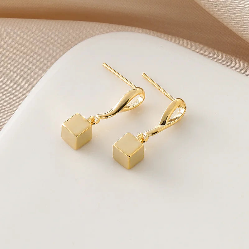 Elegant Gold Tone Alloy Spiral Disc With Square Cube Drop Stud & Clip On No Piercing Earrings