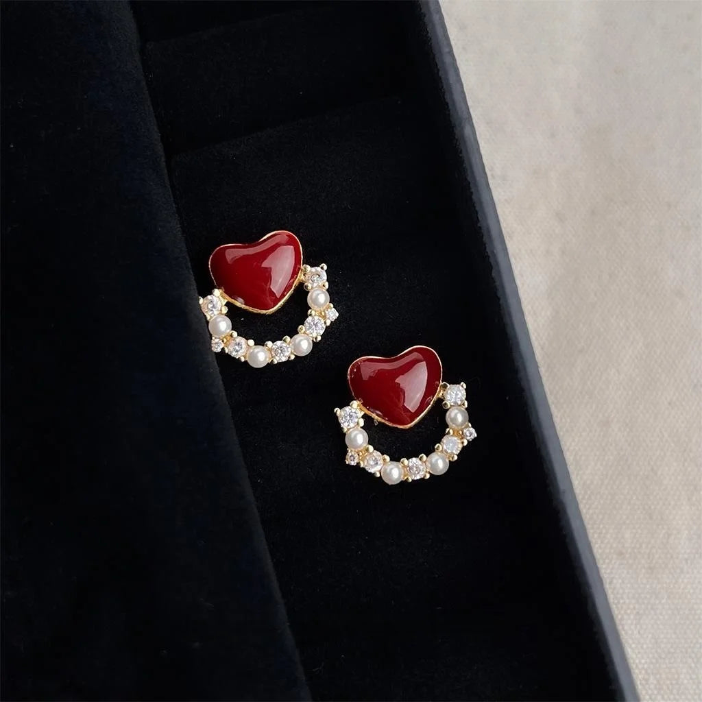 Burgundy Heart Stud Earrings Micro Pave Zircon Enamel Gold Plated Copper Vintage Style