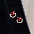 Burgundy Heart Stud Earrings Micro Pave Zircon Enamel Gold Plated Copper Vintage Style