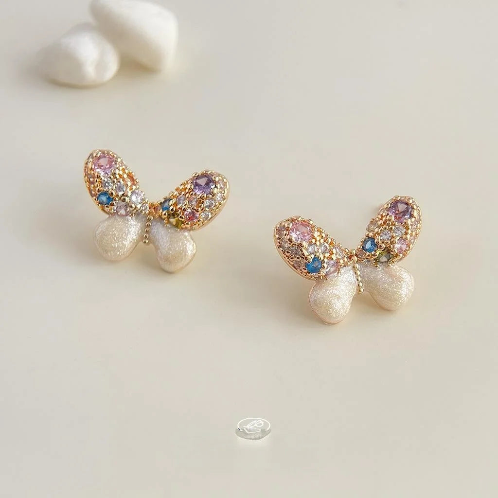 14K Gold Plated Copper Butterfly Stud Earrings With Colorful Zircon Micro Pave And Enamel