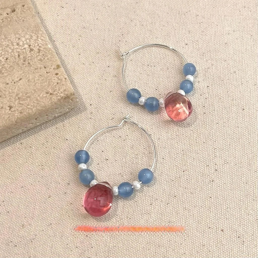 Blue Ocean Glass Glaze Cat Eye Stone Round Geometric Sweet Vacation Drop Earrings