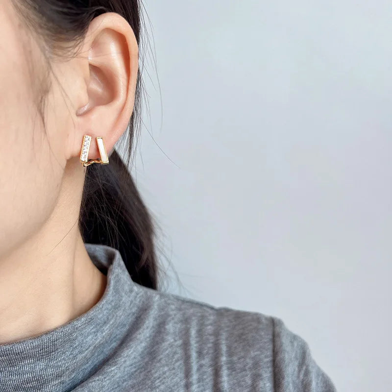 Elegant Double Layer Shell Bar Alloy Rhinestone Stud & Clip On No Piercing Commuter Earrings