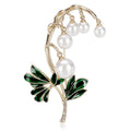 Elegant Lily Of The Valley Pearl Enamel Brooch In Gold Alloy, Rhinestone Floral Lapel Pin Suit Accessory