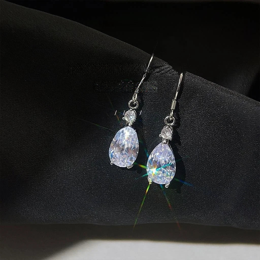 Light Luxury Teardrop Zircon Copper Drop Earrings Minimalist Long Evening Jewelry