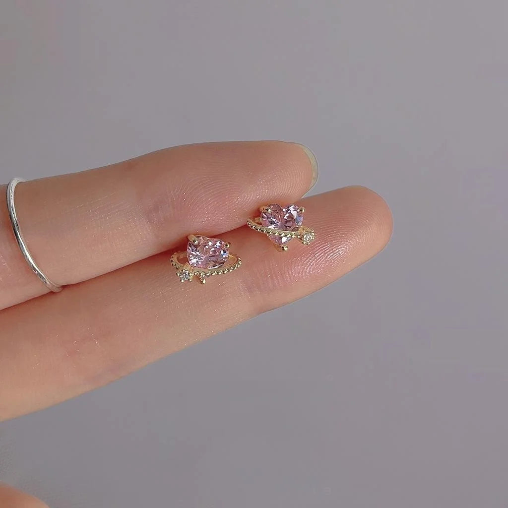 14K Plated Copper Heart Stud Earrings With Micro Pave Zircon, Sweet Minimalist Jewelry