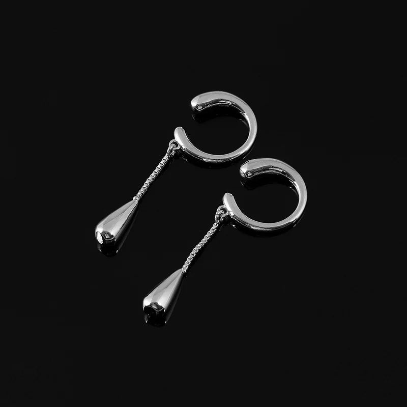 Elegant Silver Alloy Ear Cuff Chain Tassel Waterdrop Stud & Clip On No Piercing Long Drop Earrings